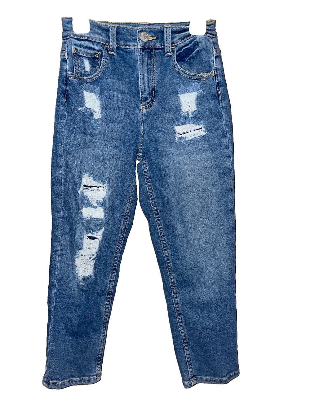 Girls Justice Mini Mom Jeans Sz 10 Dark Wash Distressed Cotton Stretch